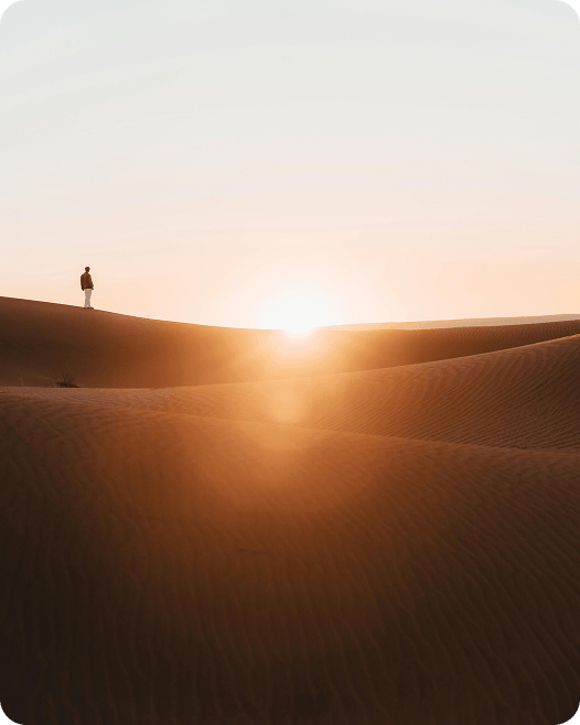 Person standing in the desert while looking at sunset
