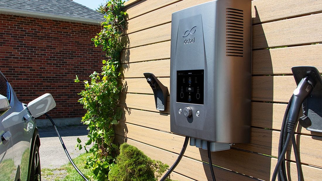 dcbel Ara Home Energy Station on wall outdoors
